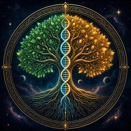 The Eden's Echo emblem: a tree of life split green and gold around a strand of DNA